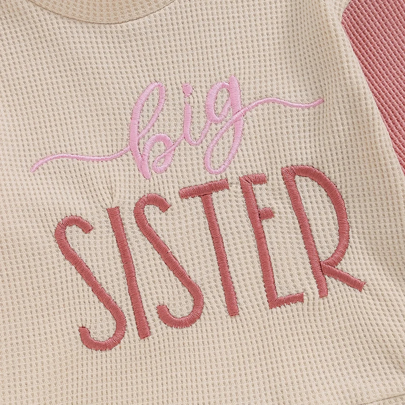 TODDLER KIDS BIG BROTHER / SISTER PULLOVER LETTER EMBROIDERY ROUND NECK CONTRASTING COLOR LONG SLEEVE WAFFLE TOP
