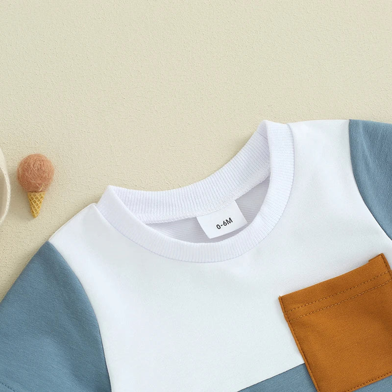 TODDLER BABY BOY 2PCS SUMMER CLOTHES COLOR BLOCK SHORT SLEEVE T-SHIRT SHORTS SET
