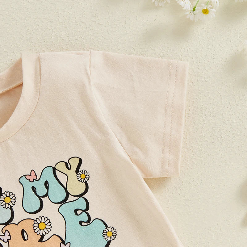 TODDLER KIDS GIRLS IN MY PRESCHOOL ERA BACK TO SCHOOL COLORFUL LETTER & FLORAL FLOWERS PRINT ROUND NECK SHORT SLEEVE TOP