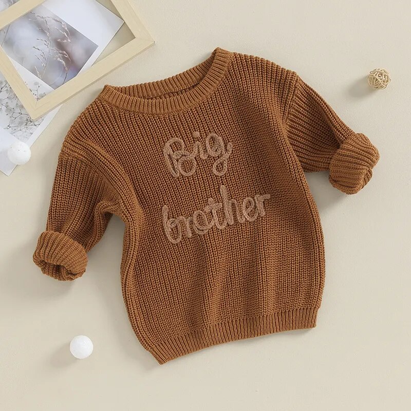 TODDLER KIDS BOYS SWEATERS COTTON LONG SLEEVE LETTER EMBROIDERY BIG BROTHER PULLOVER LOOSE KNITWEAR TOP
