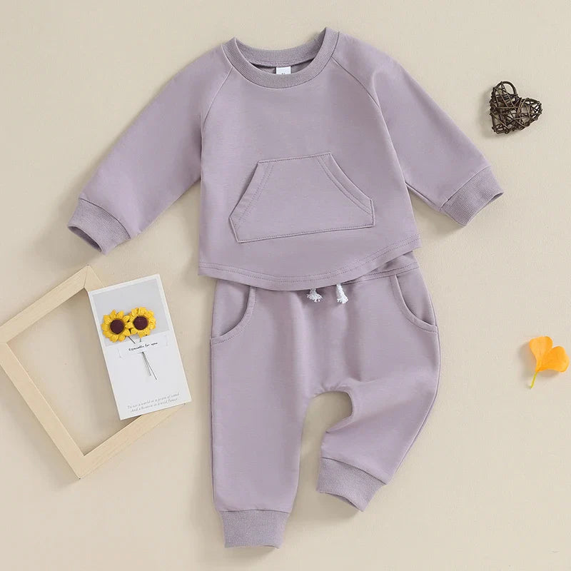 TODDLER BABY BOY GIRL 2PCS SET CREWNECK SOLID COLOR LONG SLEEVE TOP WITH POCKET JOGGER PANTS OUTFIT