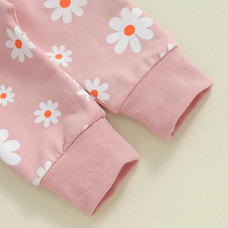TODDLER KIDS GIRLS 2PCS FALL OUTFIT FLOWER DAISY PRINT LONG SLEEVE CREWNECK TOP ELASTIC WAIST PANTS WITH POCKETS SET