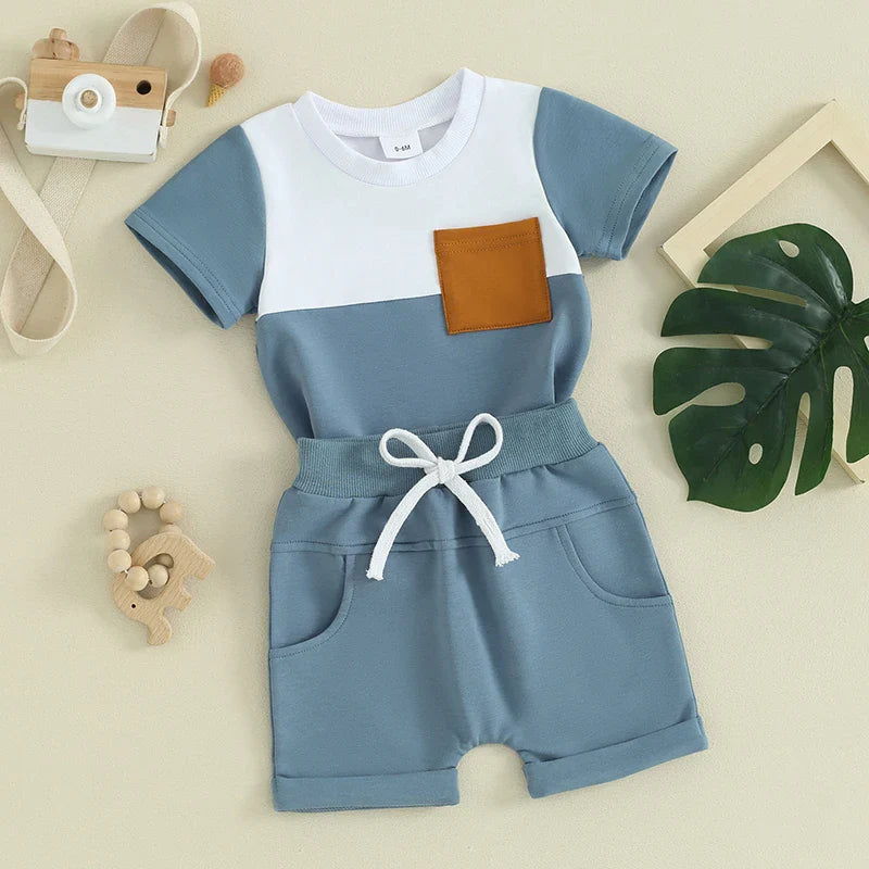 TODDLER BABY BOY 2PCS SUMMER CLOTHES COLOR BLOCK SHORT SLEEVE T-SHIRT SHORTS SET
