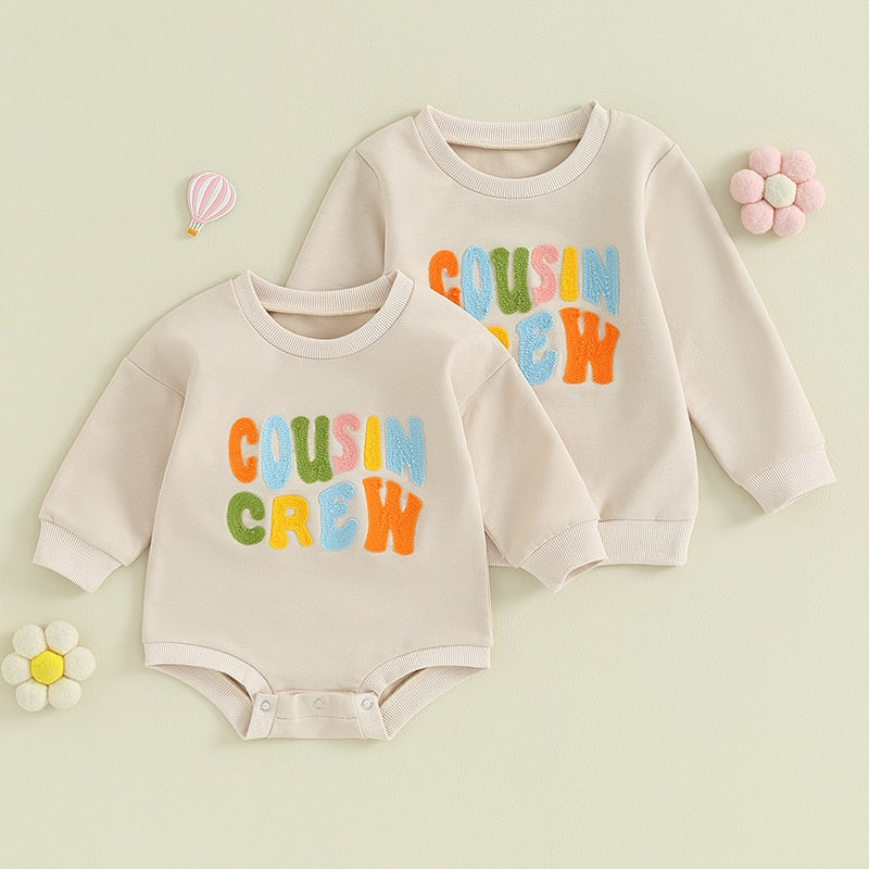 TODDLER BABY KIDS BOYS GIRLS FUZZY LETTER EMBROIDERY COUSIN CREW MATCHING LONG SLEEVE ROUND NECK PULLOVER LOOSE TOP