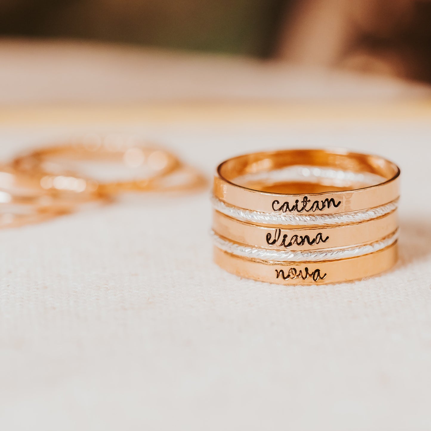 CUSTOM GOLD OR SILVER STACKING NAME RING