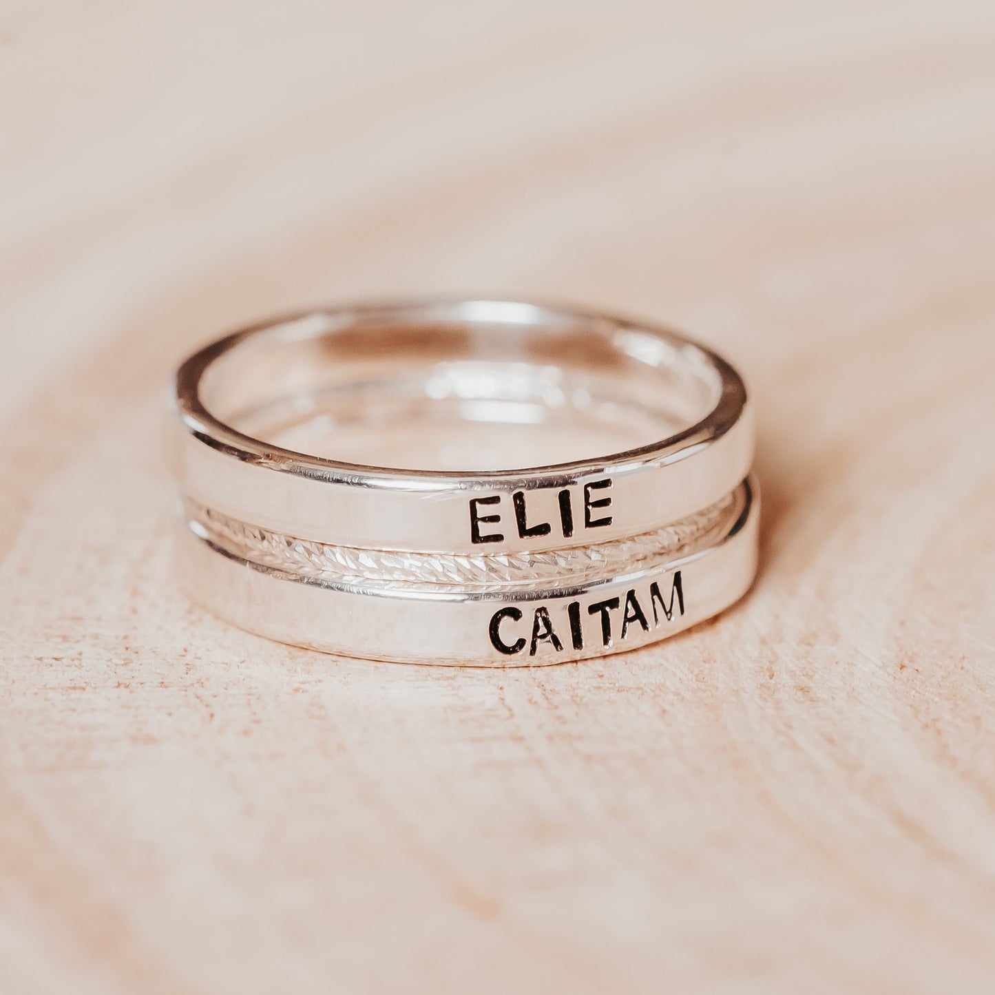 CUSTOM GOLD OR SILVER STACKING NAME RING