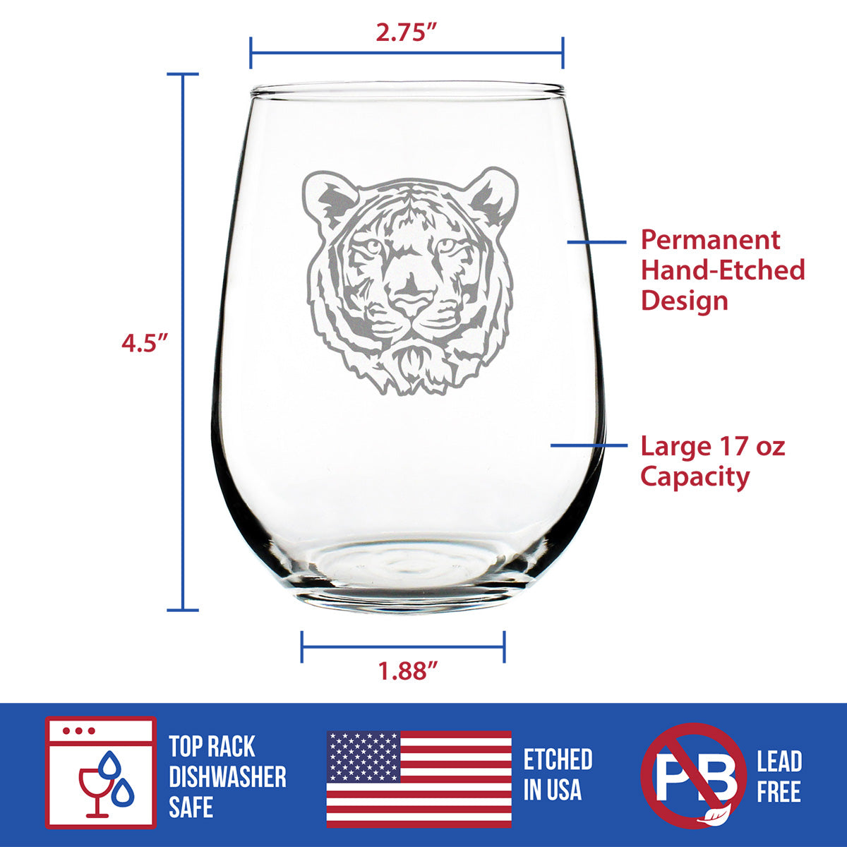 TIGER FACE STEMLESS WINE GLASS - CUTE TIGER THEMED DECOR AND GIFTS FOR ANIMAL LOVERS - LARGE 17 OZ GLASSES