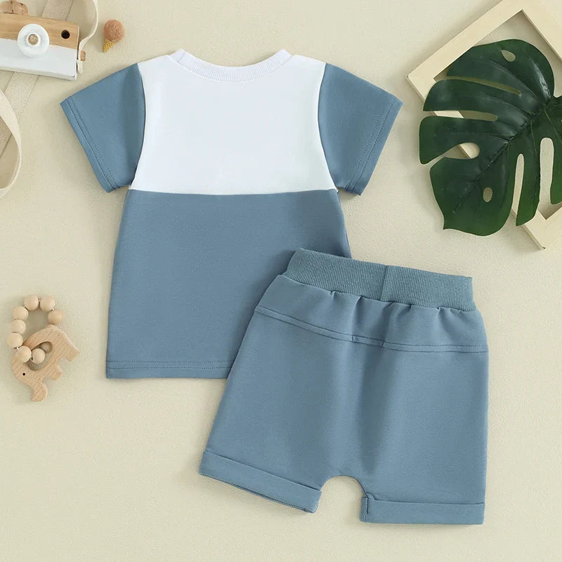 TODDLER BABY BOY 2PCS SUMMER CLOTHES COLOR BLOCK SHORT SLEEVE T-SHIRT SHORTS SET
