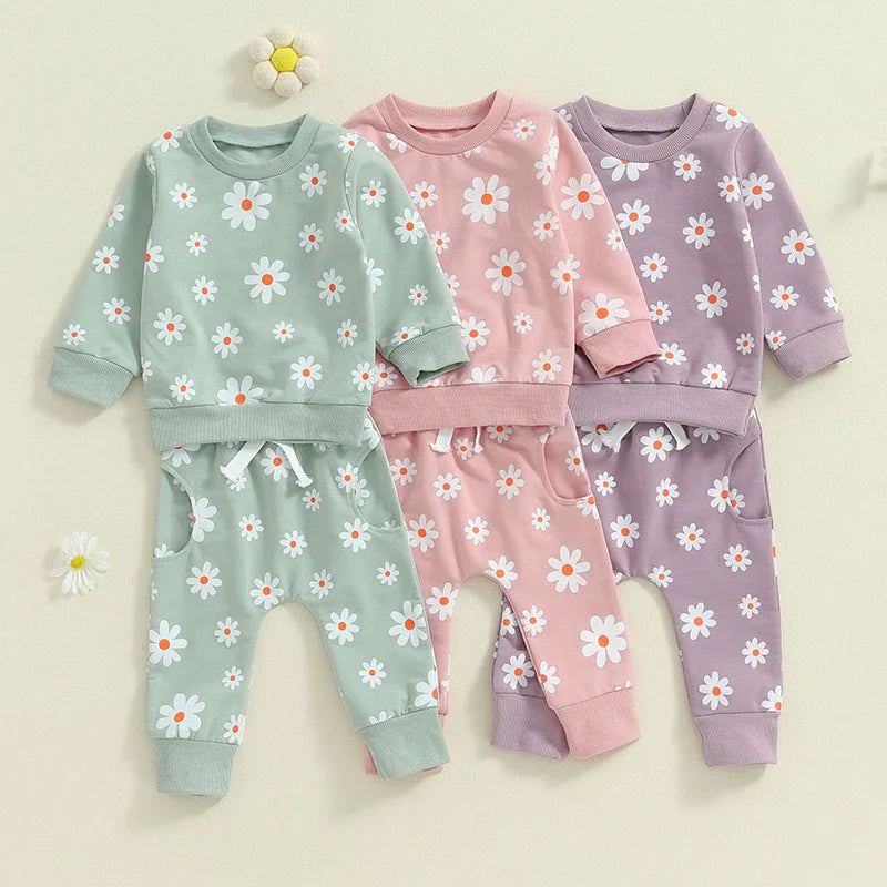 TODDLER KIDS GIRLS 2PCS FALL OUTFIT FLOWER DAISY PRINT LONG SLEEVE CREWNECK TOP ELASTIC WAIST PANTS WITH POCKETS SET