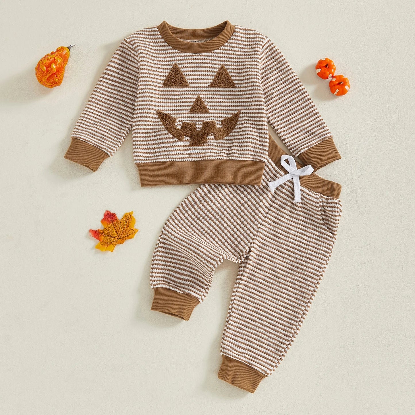TODDLER BOYS HALLOWEEN 2PCS PANTS SETS LONG SLEEVE O NECK PUMPKIN EMBROIDERY TOPS STRIPED PANTS SETS