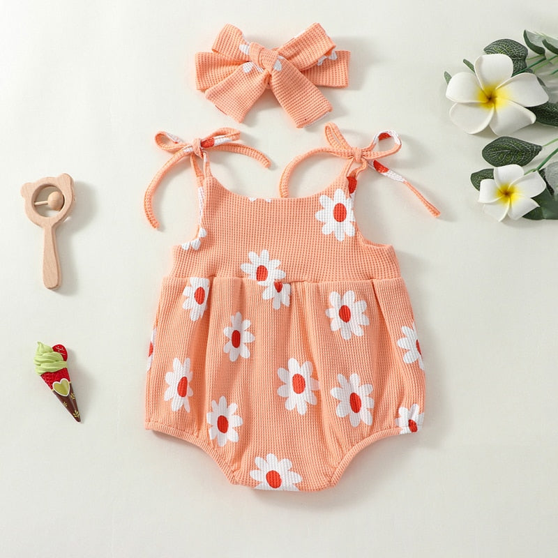 TODDLER BABY GIRL JUMPSUIT SET SUMMER FLORAL PRINT TIE TANK ROMPER STRETCH HEADBAND OUTFIT