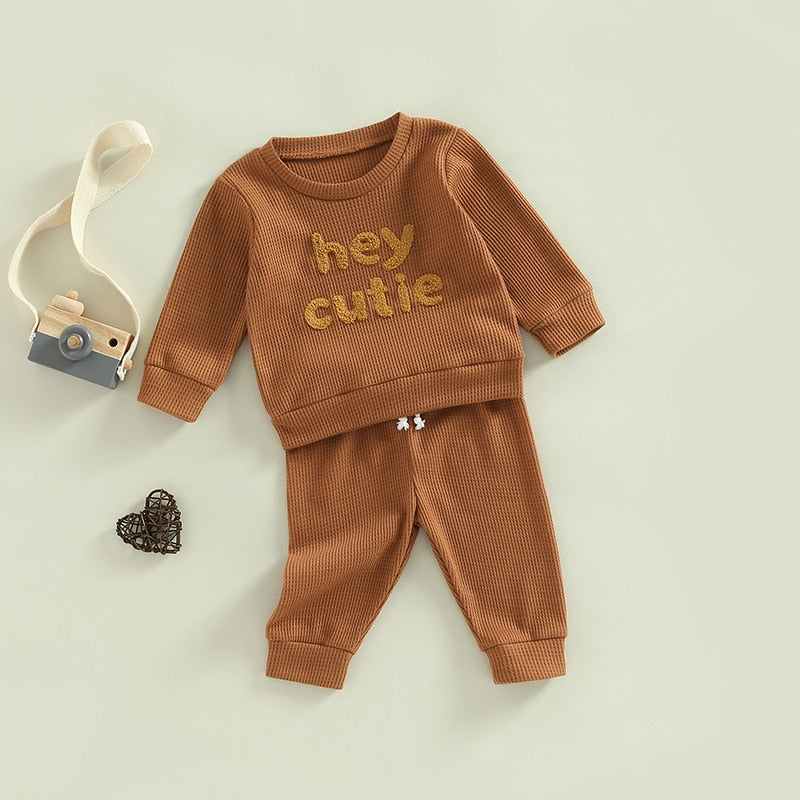 TODDLER BABY GIRL BOY 2PCS HEY CUTIE OUTFIT LONG SLEEVE RIBBED KNIT TOPS PANTS SET