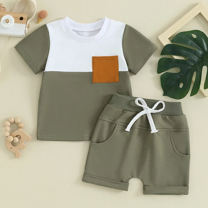 TODDLER BABY BOY 2PCS SUMMER CLOTHES COLOR BLOCK SHORT SLEEVE T-SHIRT SHORTS SET