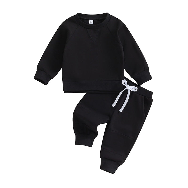 TODDLER BABY BOYS GIRLS 2PCS FALL OUTFITS LONG SLEEVE SPLIT HEM TOPS POCKET PANTS SOLID COLOR CLOTHES SETS