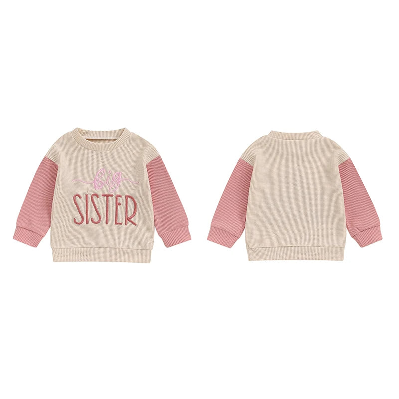 TODDLER KIDS BIG BROTHER / SISTER PULLOVER LETTER EMBROIDERY ROUND NECK CONTRASTING COLOR LONG SLEEVE WAFFLE TOP