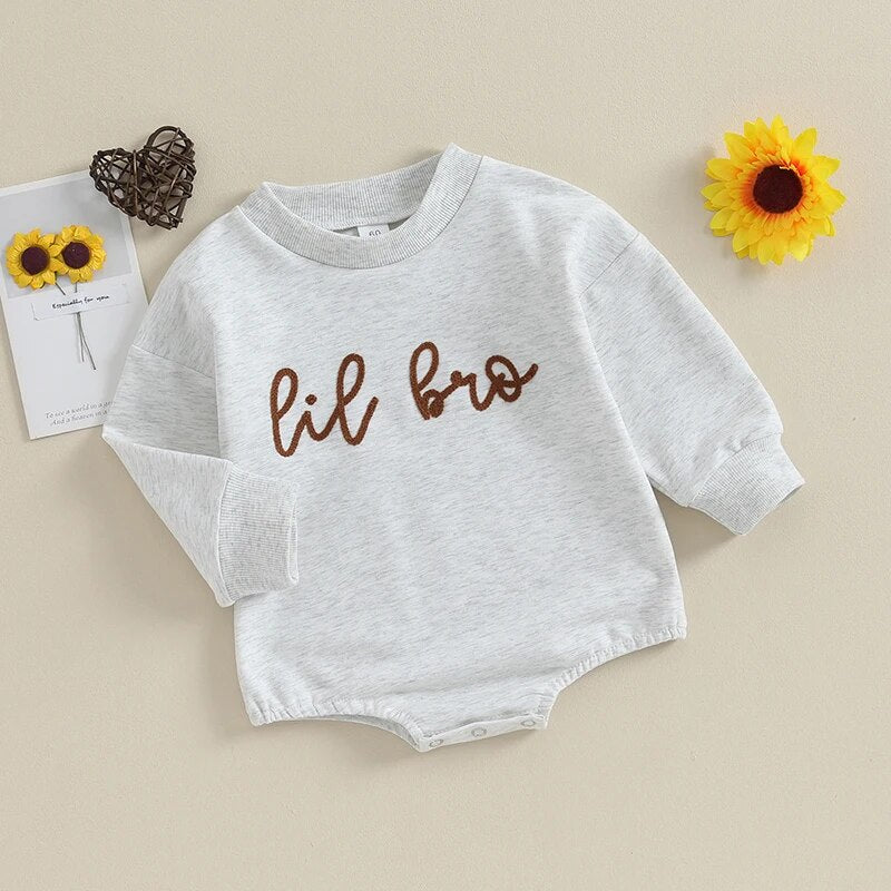 TODDLER BABY BOY LONG SLEEVE CREWNECK LETTERS BIG LIL BRO PULLOVER TOP OR ROMPER BROTHER MATCHING
