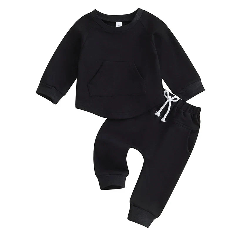 TODDLER BABY BOY GIRL 2PCS SET CREWNECK SOLID COLOR LONG SLEEVE TOP WITH POCKET JOGGER PANTS OUTFIT