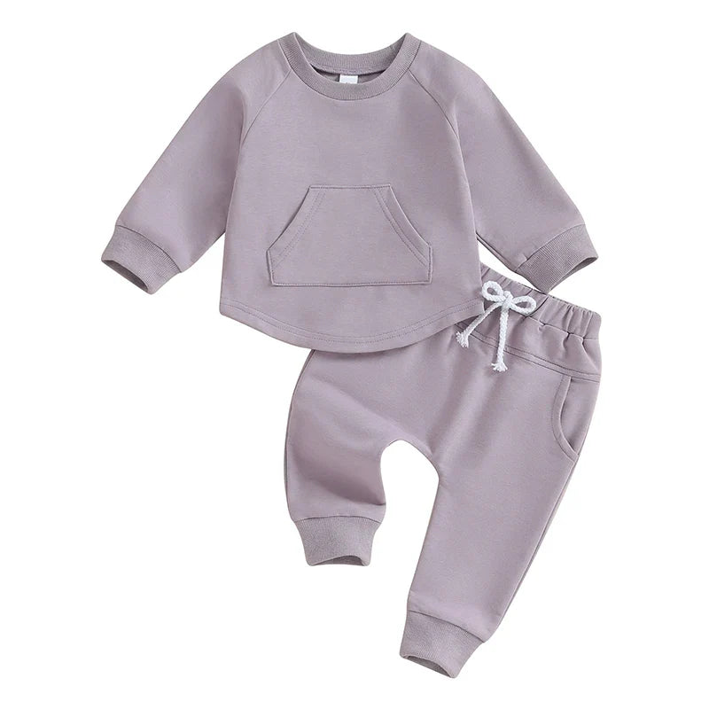 TODDLER BABY BOY GIRL 2PCS SET CREWNECK SOLID COLOR LONG SLEEVE TOP WITH POCKET JOGGER PANTS OUTFIT