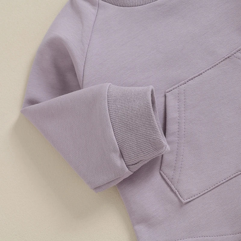 TODDLER BABY BOY GIRL 2PCS SET CREWNECK SOLID COLOR LONG SLEEVE TOP WITH POCKET JOGGER PANTS OUTFIT