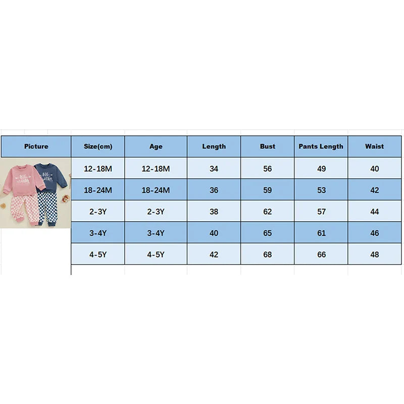 TODDLER KIDS BOYS GIRLS 2PCS BIG BROTHER / SISTER LETTER PRINT LONG SLEEVE TOP WITH ELASTIC WAIST CHECKERED PRINT PANTS SET OUTFIT
