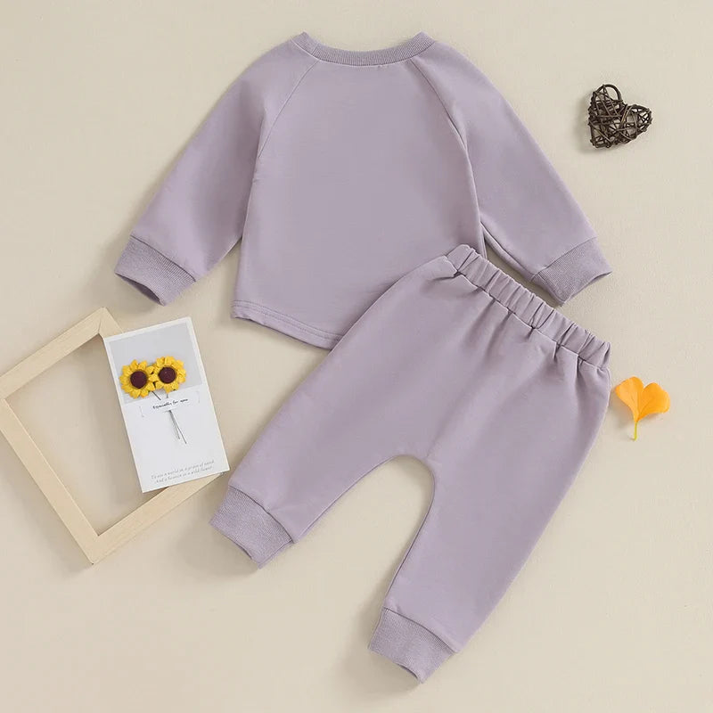 TODDLER BABY BOY GIRL 2PCS SET CREWNECK SOLID COLOR LONG SLEEVE TOP WITH POCKET JOGGER PANTS OUTFIT