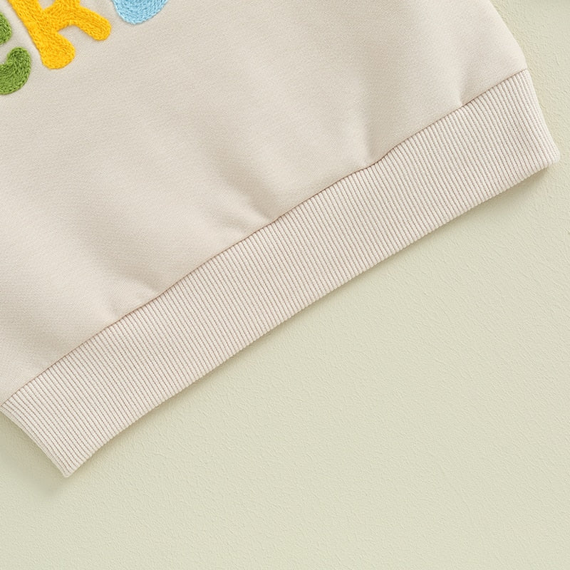 TODDLER BABY KIDS BOYS GIRLS FUZZY LETTER EMBROIDERY COUSIN CREW MATCHING LONG SLEEVE ROUND NECK PULLOVER LOOSE TOP