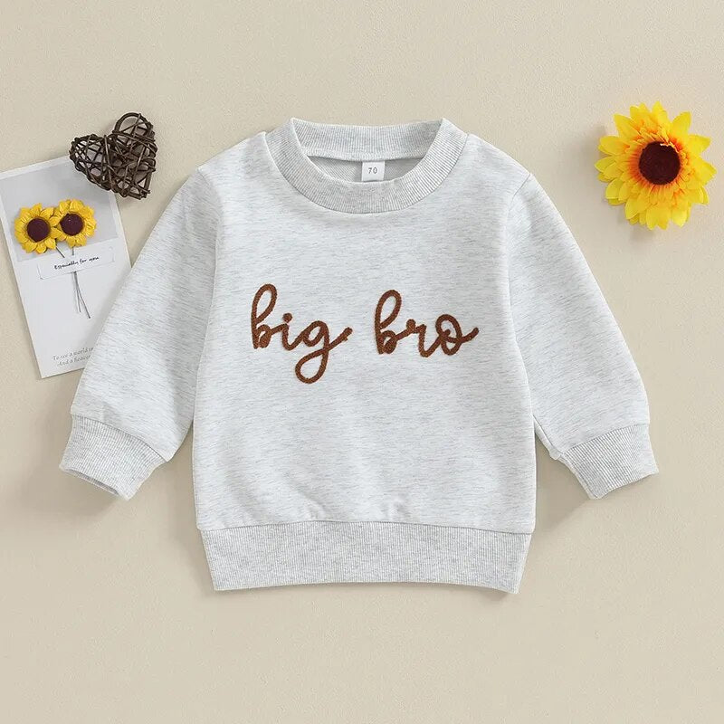 TODDLER BABY BOY LONG SLEEVE CREWNECK LETTERS BIG LIL BRO PULLOVER TOP OR ROMPER BROTHER MATCHING