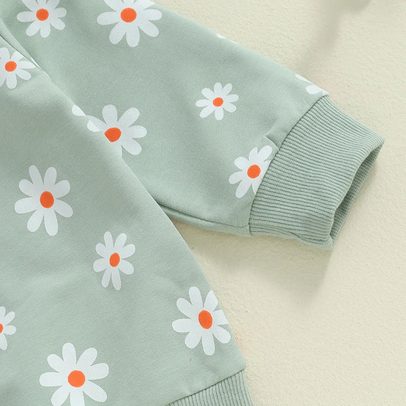 TODDLER KIDS GIRLS 2PCS FALL OUTFIT FLOWER DAISY PRINT LONG SLEEVE CREWNECK TOP ELASTIC WAIST PANTS WITH POCKETS SET