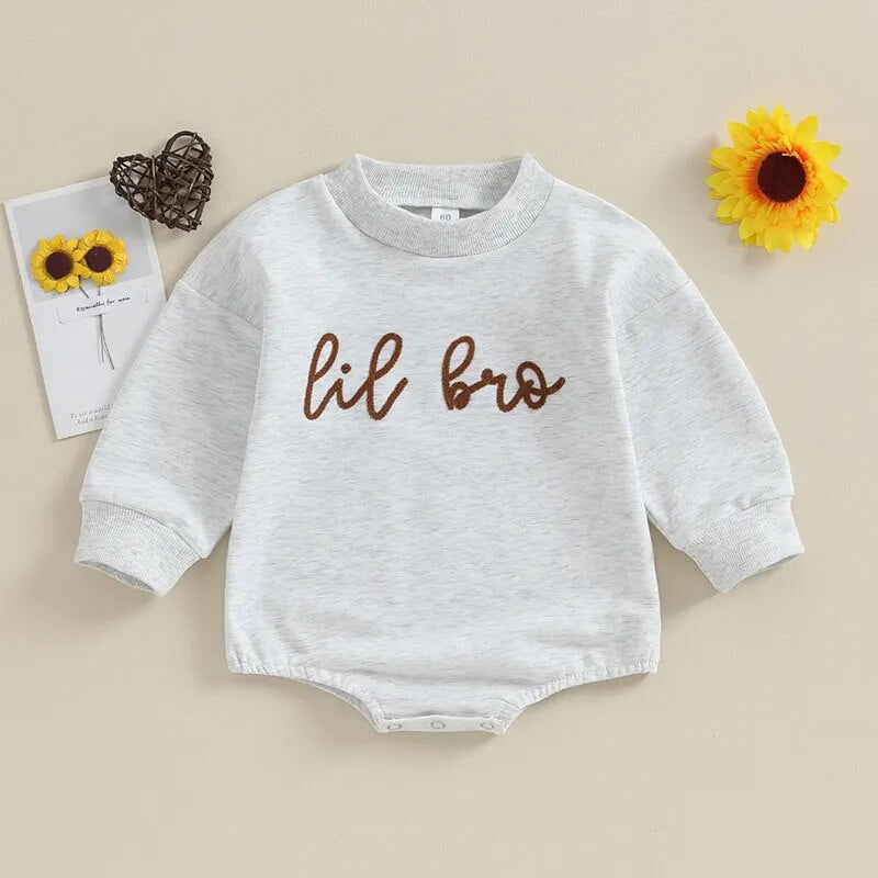 TODDLER BABY BOY LONG SLEEVE CREWNECK LETTERS BIG LIL BRO PULLOVER TOP OR ROMPER BROTHER MATCHING