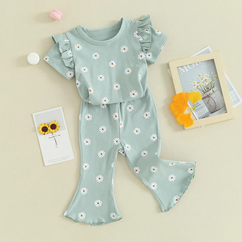 TODDLER KIDS GIRL 2PCS SUMMER OUTFIT RUFFLE SHORT SLEEVE FLORAL FLOWERS PRINT TOP + BELL BOTTOM PANTS SET CLOTHES