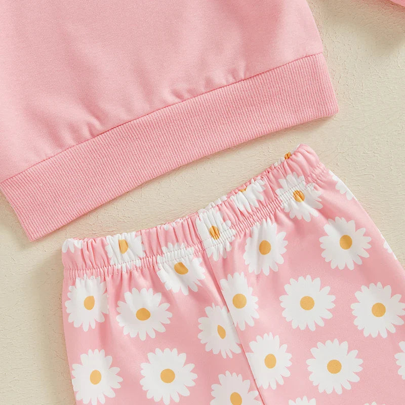 TODDLER KIDS GIRLS 2PCS FALL OUTFIT FLYING SLEEVE SOLID COLOR PULLOVER TOP WITH FLOWER FLORAL FLARED PANTS SET