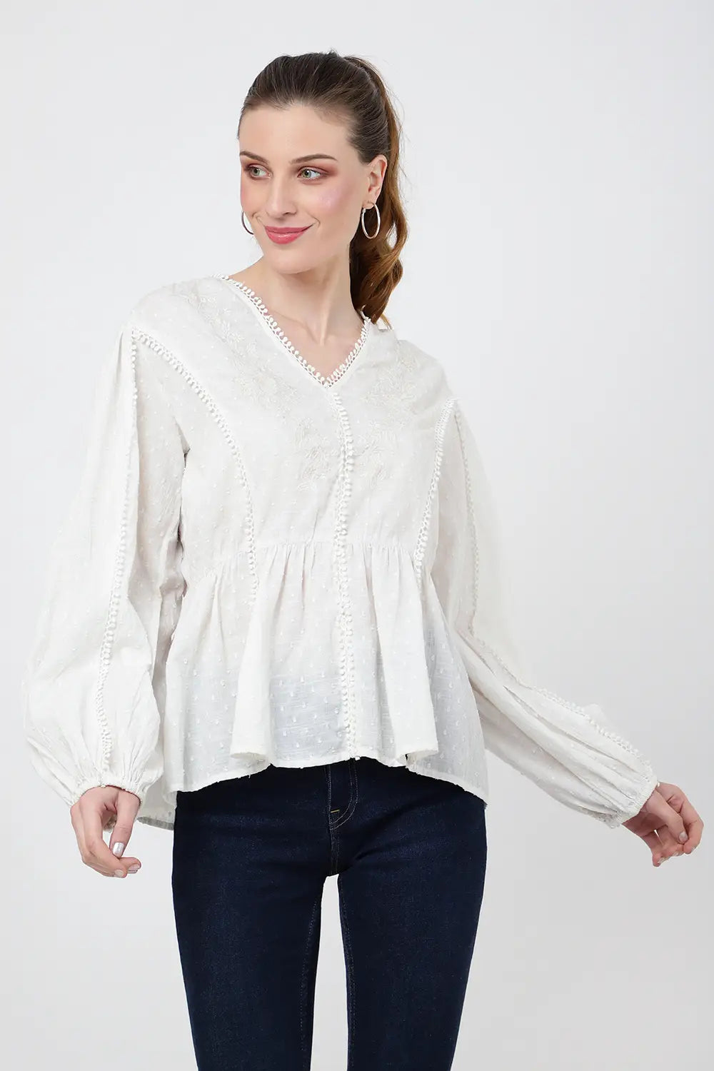 TONAL EMBROIDERED PEPLUM TOP WITH V-NECKLINE - S TO 2XL