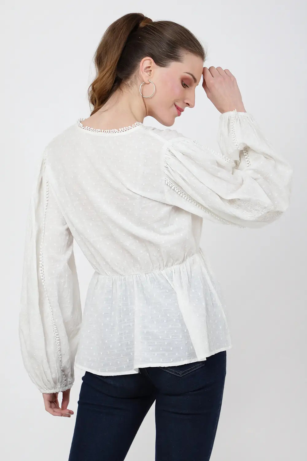 TONAL EMBROIDERED PEPLUM TOP WITH V-NECKLINE - S TO 2XL