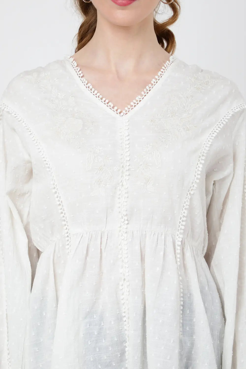 TONAL EMBROIDERED PEPLUM TOP WITH V-NECKLINE - S TO 2XL