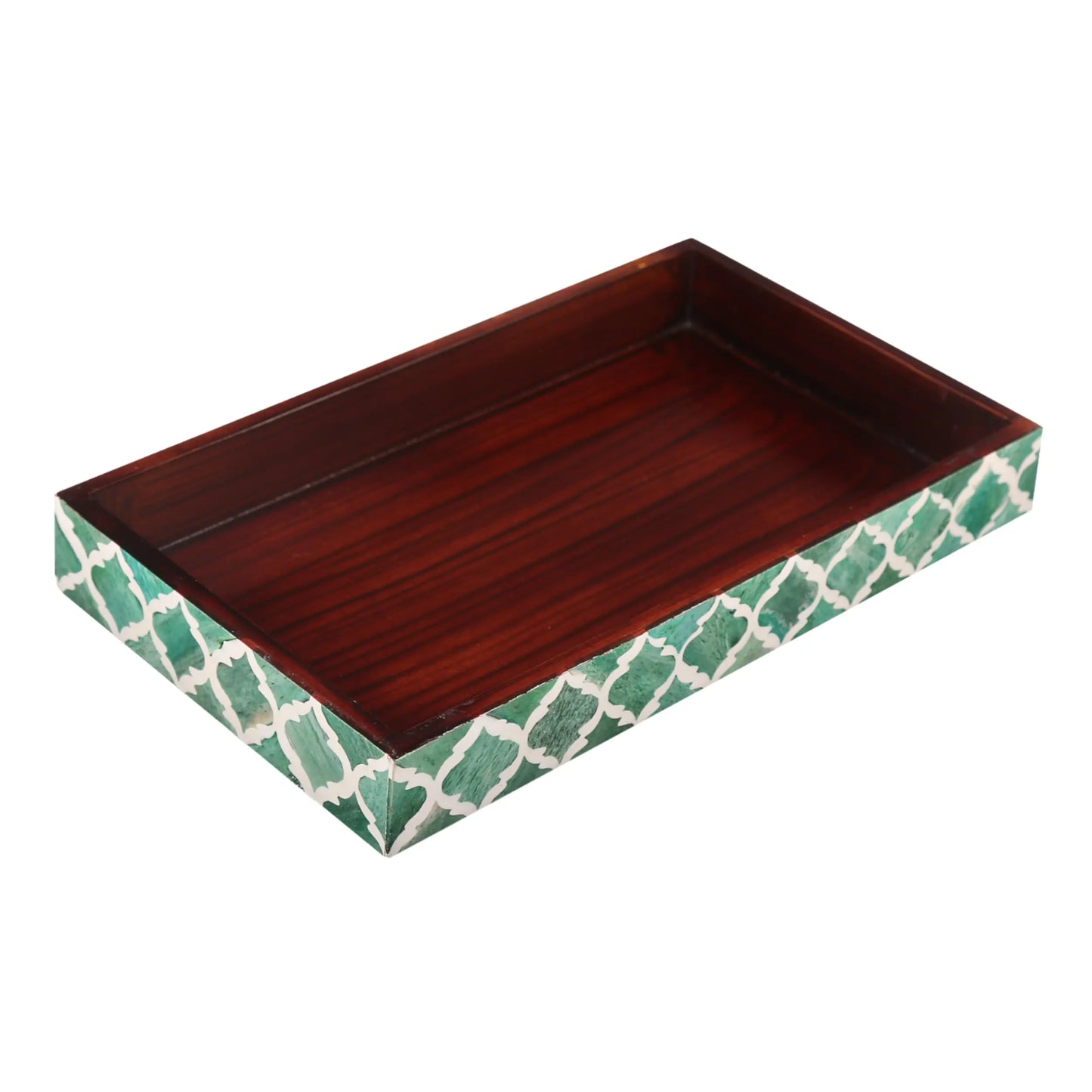 VANITY TRAYS MOROCCAN PATTERN BONE & RESIN INLAY COLLECTION IN 10X6, GREEN & WHITE