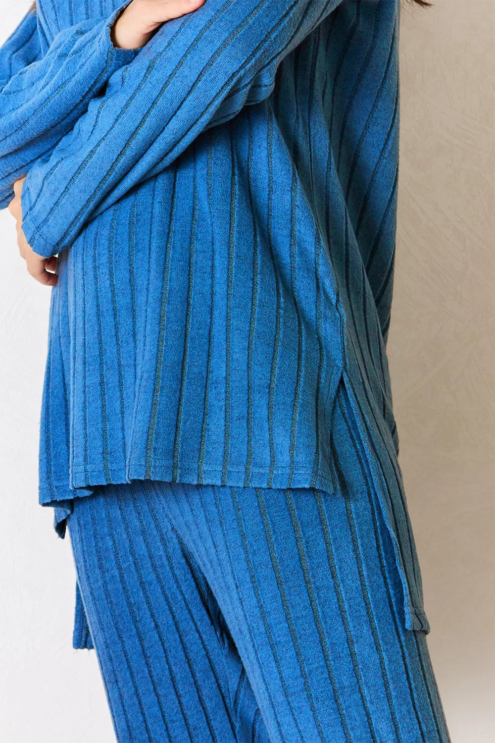 BASIC BAE FULL SIZE RIBBED ROUND NECK HIGH-LOW SLIT TOP AND PANTS SET