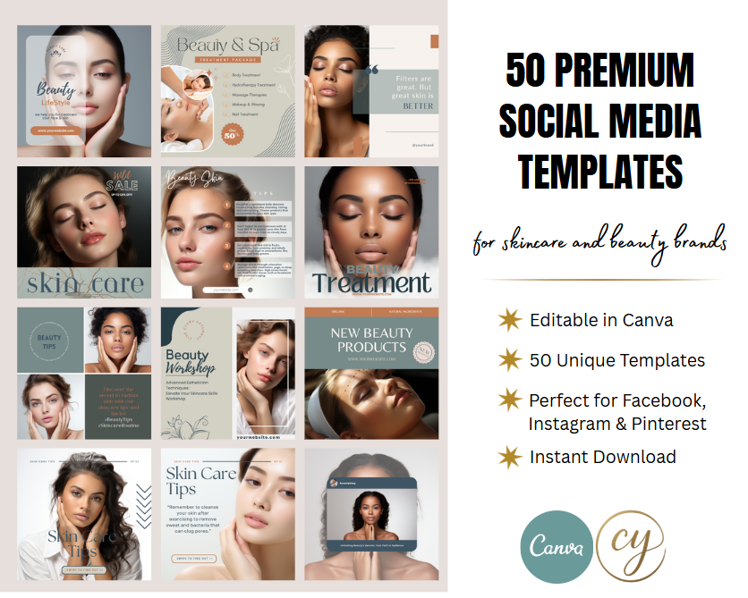 50 Premium Canva Social Media Templates – Skincare & Beauty Brand Kit