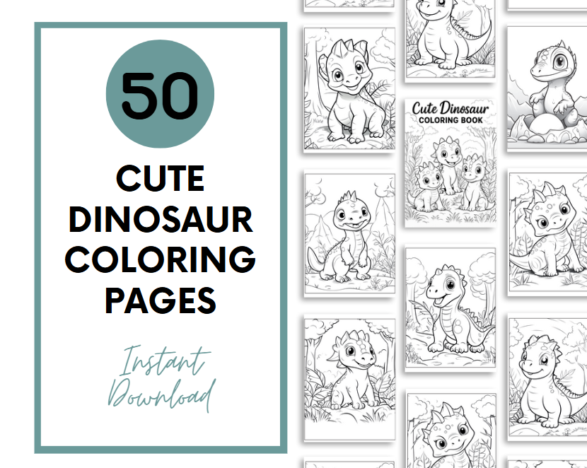 50 Cute Dinosaur Coloring Pages – Instant Download PDF