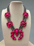 Faux Pink Squash Blossom Necklace on Double Strand Pearls - 18 inch necklace