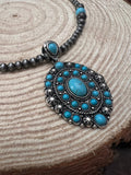 Faux Turquoise and Faux Sterling Pearl Concho Necklace - 20 inch + 3