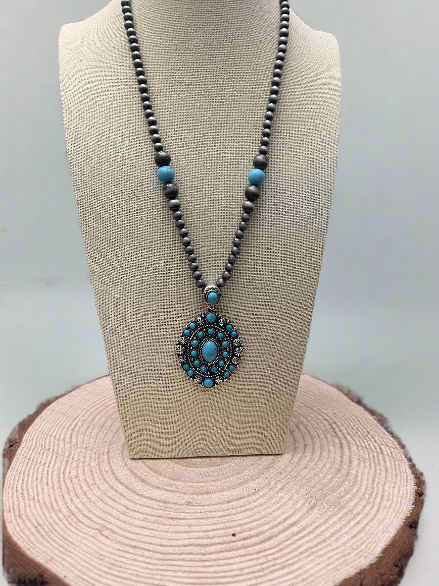 Faux Turquoise and Faux Sterling Pearl Concho Necklace - 20 inch + 3