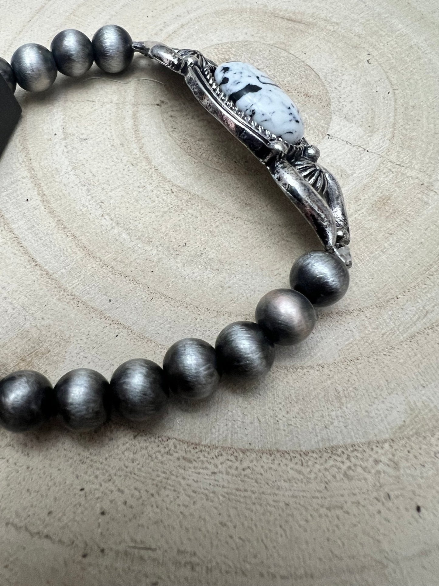 Faux White Buffalo and Sterling Pearl Stretch Bracelet