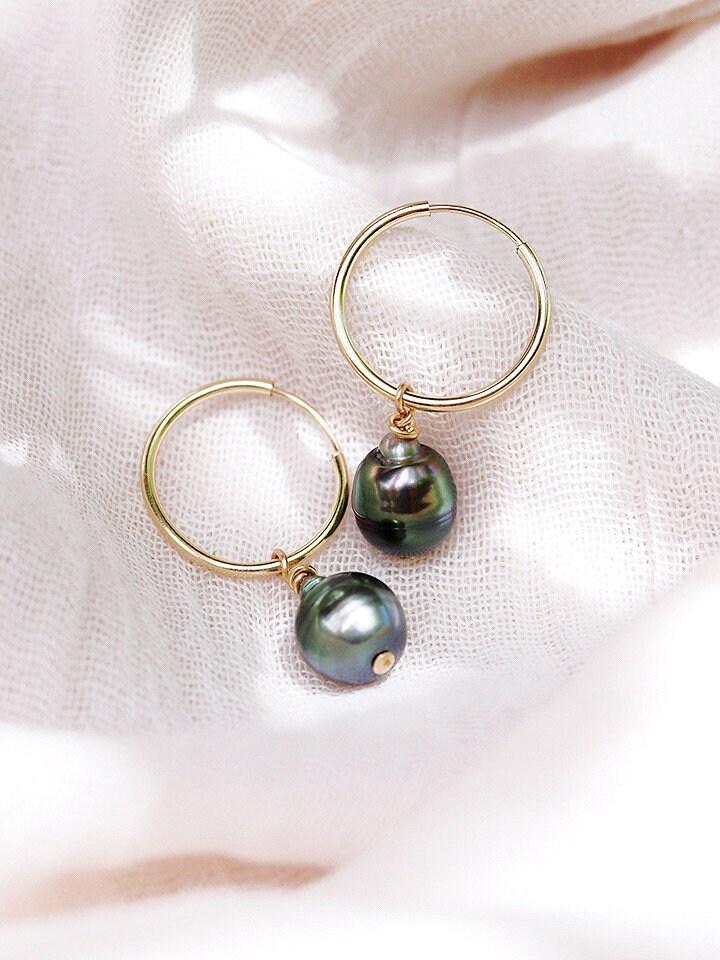 THIN GOLD FILLED TAHITIAN PEARL HOOP EARRINGS - HOKULOA