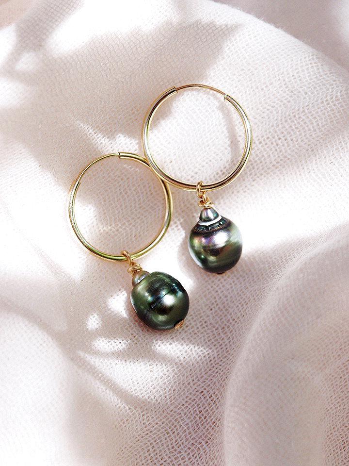 THIN GOLD FILLED TAHITIAN PEARL HOOP EARRINGS - HOKULOA