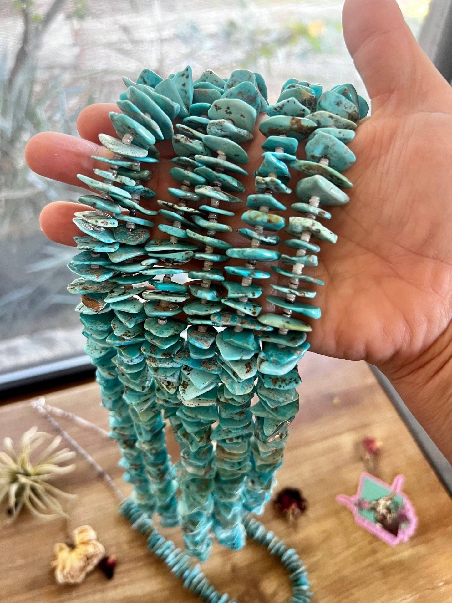 Long Blue Thick Genuine Turquoise Chips Necklace - 26 inch