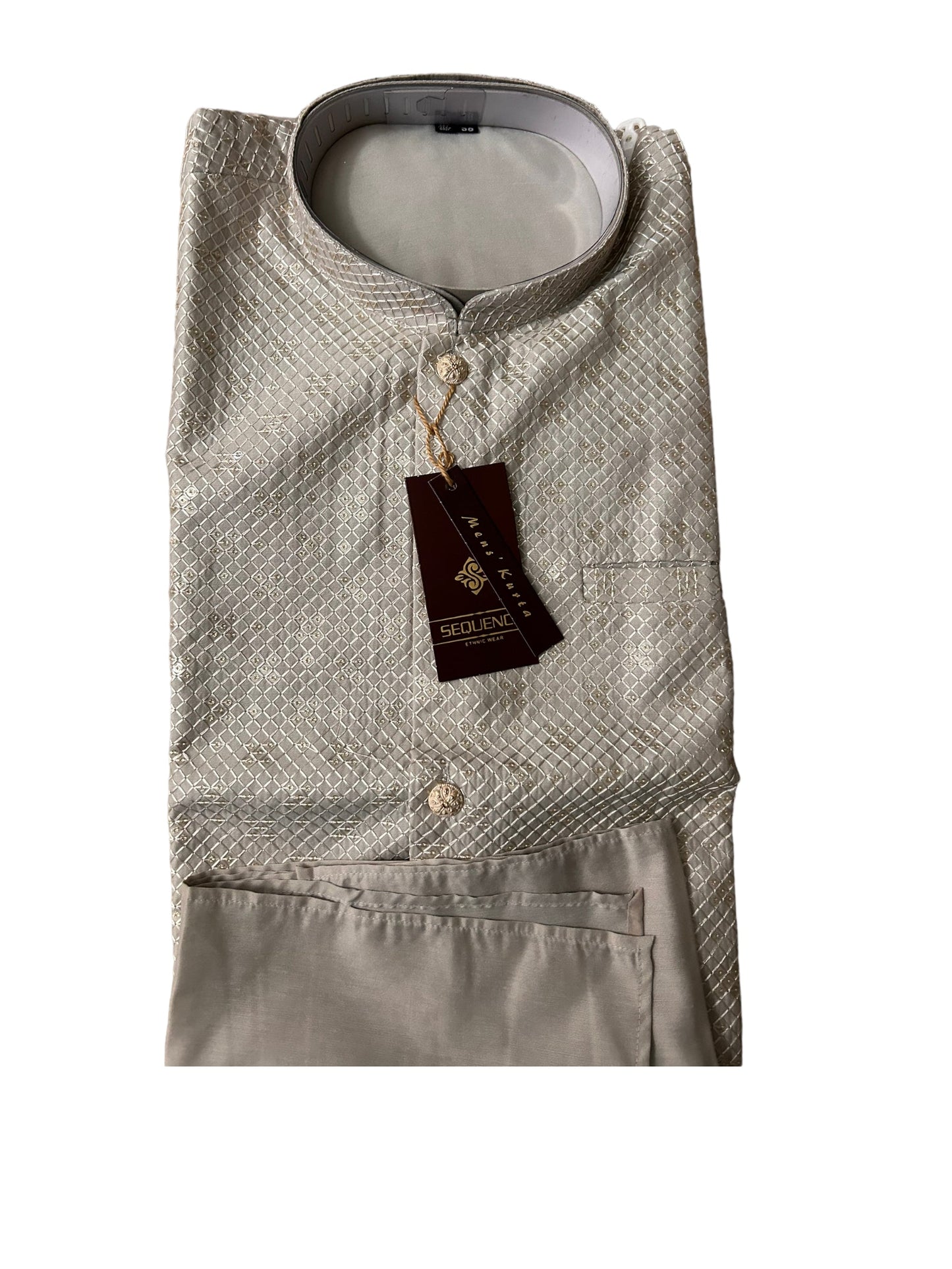 TRADITIONAL GRAY SILK KURTA SET FOR MEN WITH PANT AND COAT - HT6423