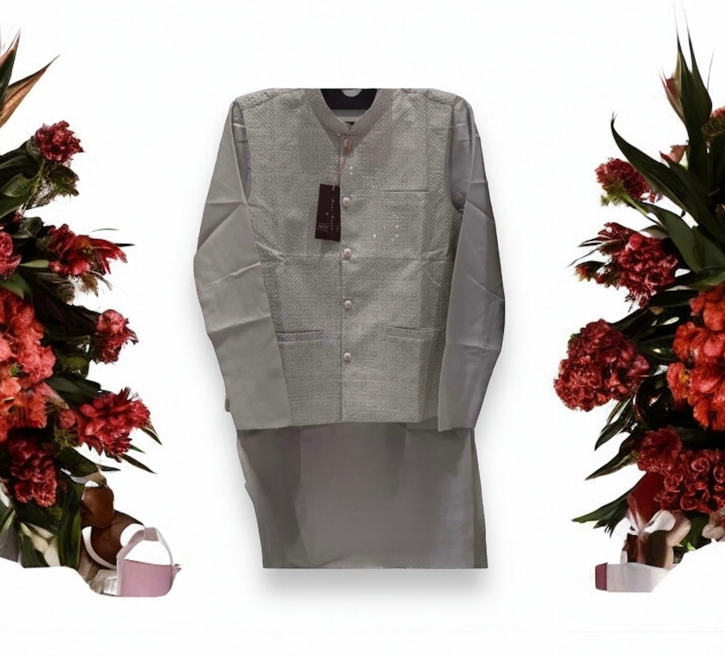 TRADITIONAL GRAY SILK KURTA SET FOR MEN WITH PANT AND COAT - HT6423