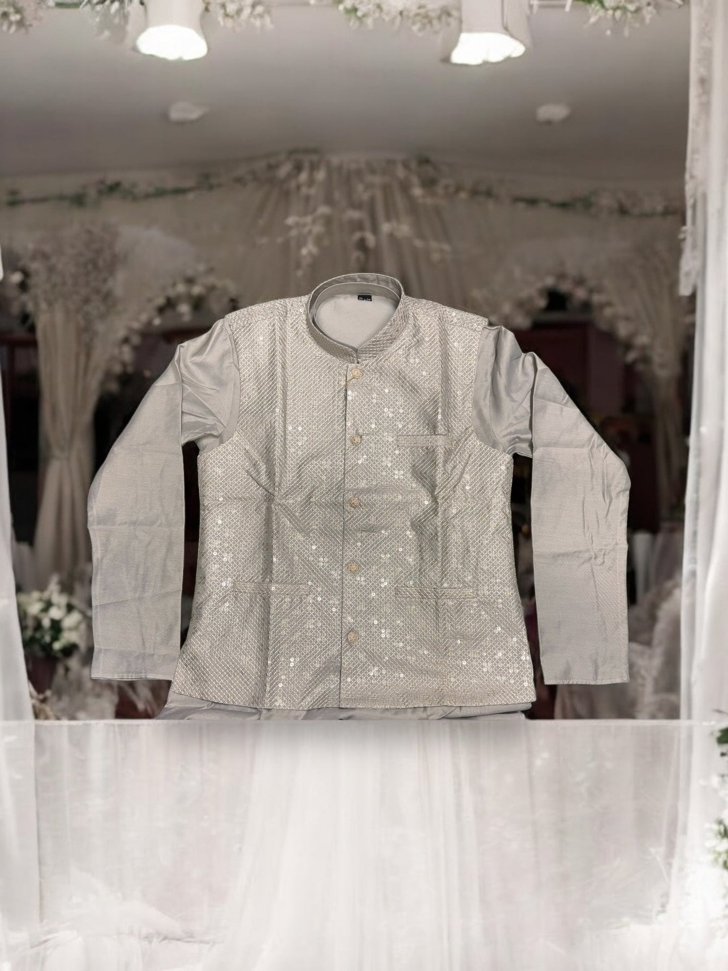 TRADITIONAL GRAY SILK KURTA SET FOR MEN WITH PANT AND COAT - HT6423