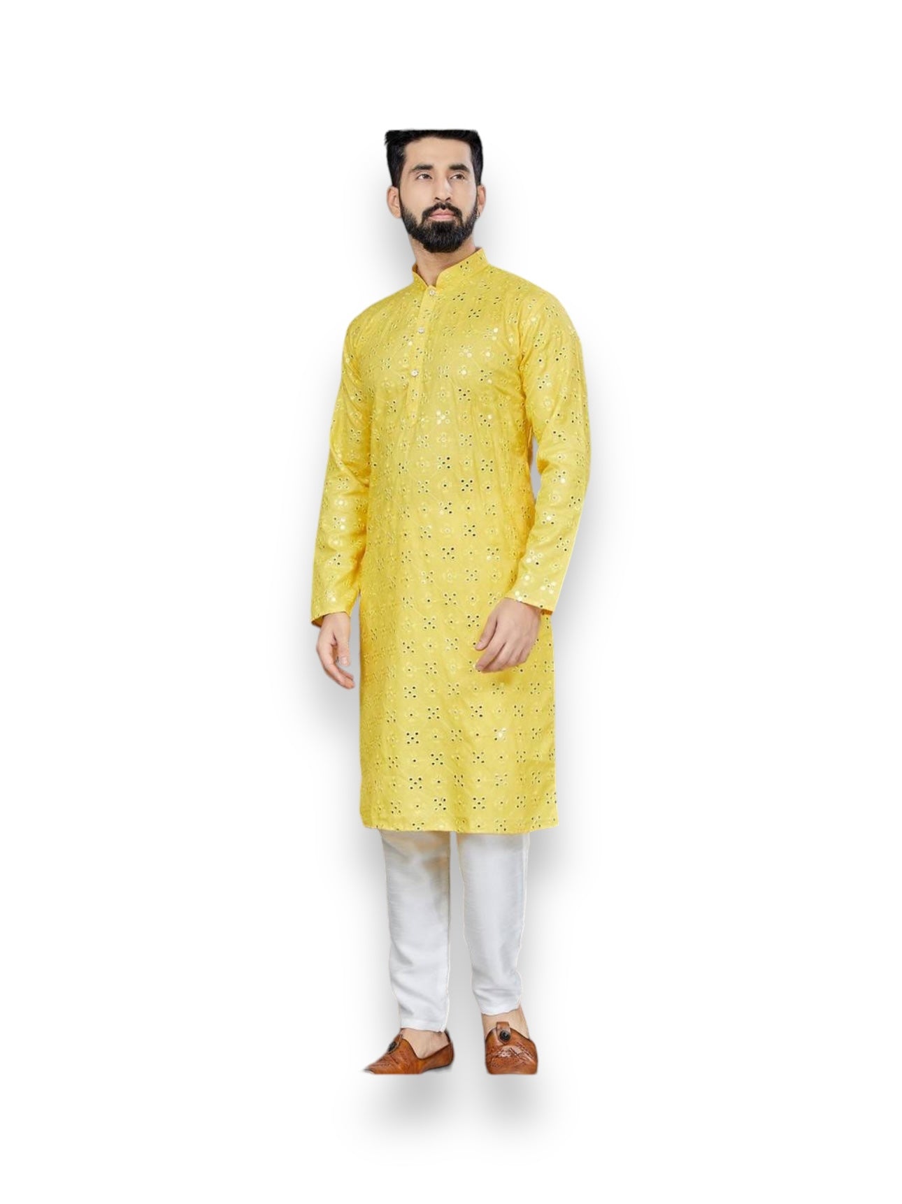 TRADITIONAL YELLOW COLOR PARTY WEAR MEN'S KURTA PAJAMA CATALOG 801-A