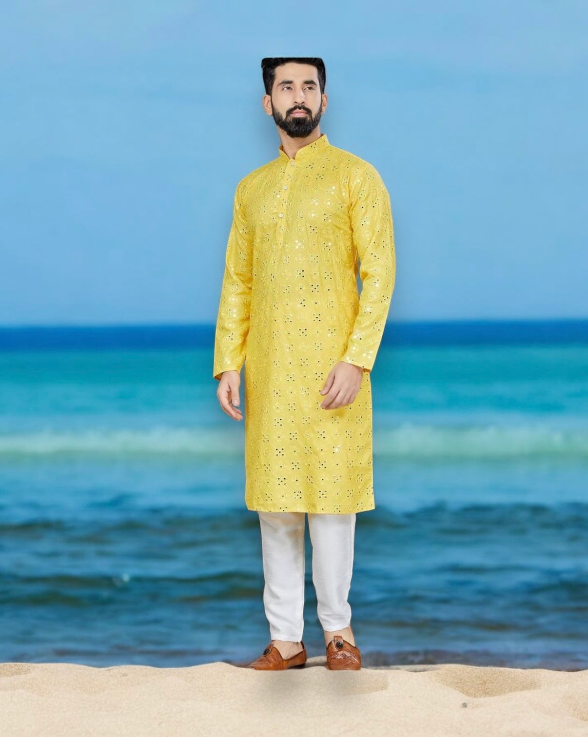 TRADITIONAL YELLOW COLOR PARTY WEAR MEN'S KURTA PAJAMA CATALOG 801-A